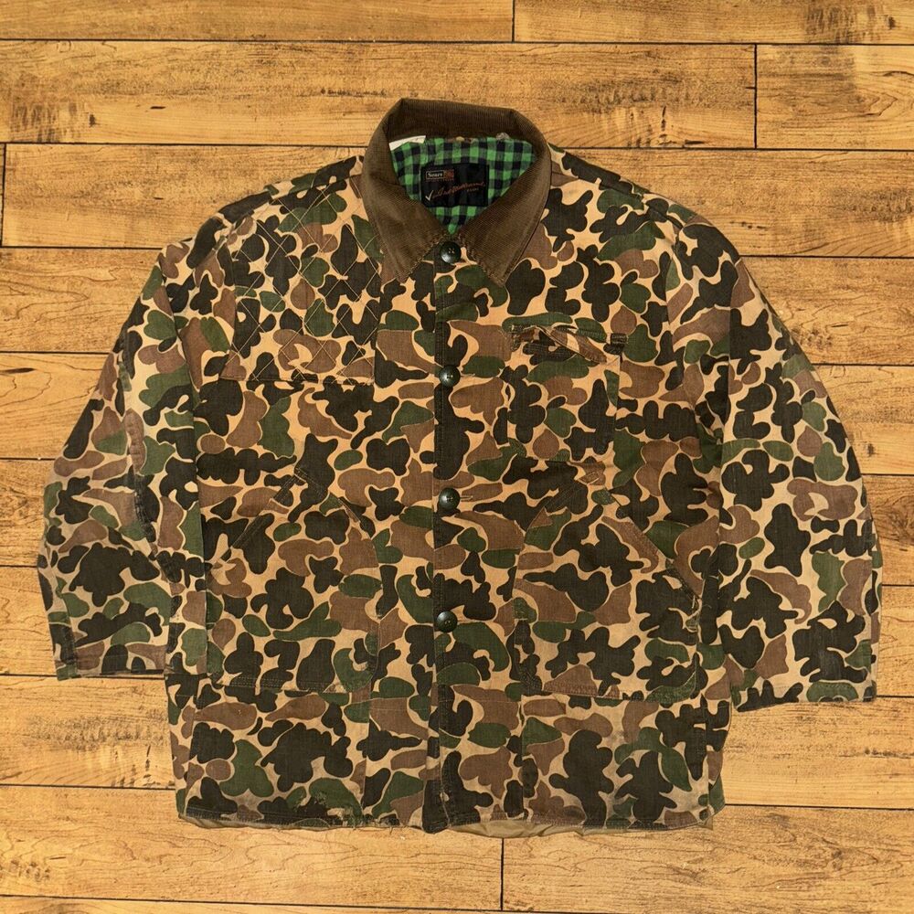 Vintage Sears Camo Chore Jacket XL 26x29 Flannel Lined Green